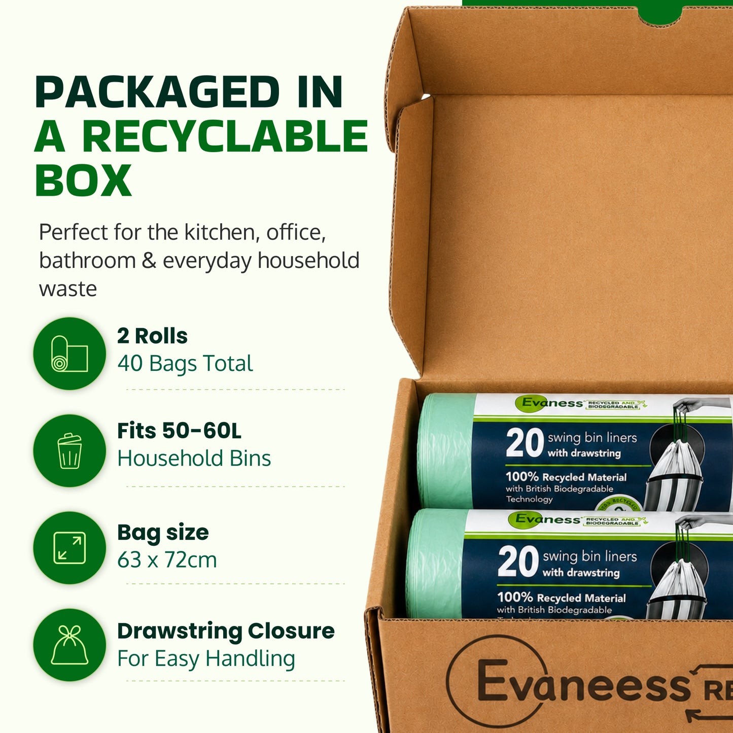 Evaness Biodegradable Drawstring Swing Bin Bags 50L/60L – 40 Pack