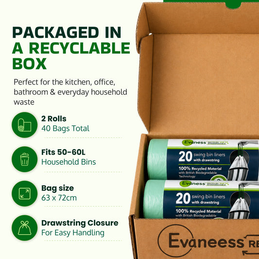 Evaness Biodegradable Drawstring Swing Bin Bags 50L/60L – 40 Pack