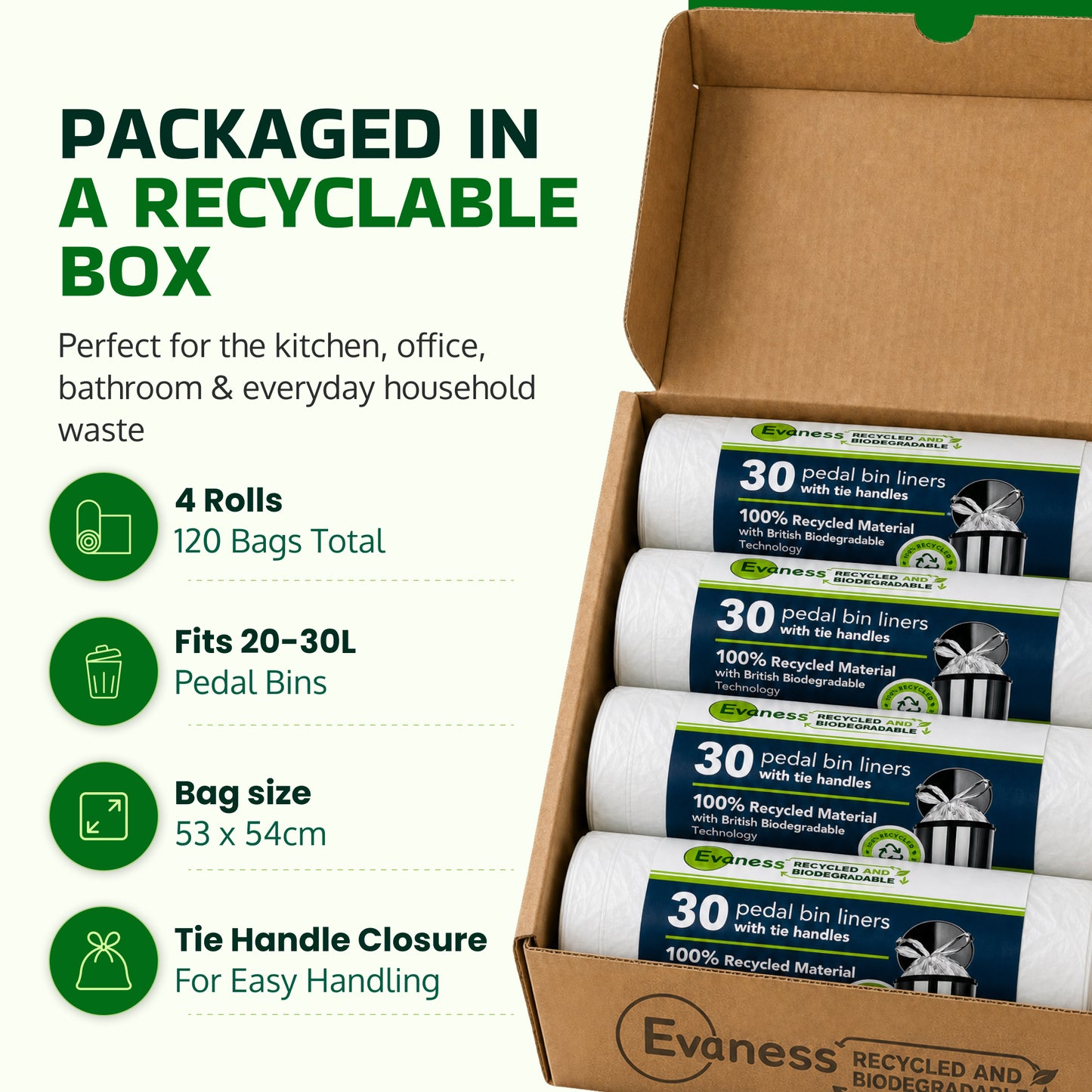 Evaness Biodegradable Tie Handle Pedal Bin Liners 20L/30L – 120 Bags