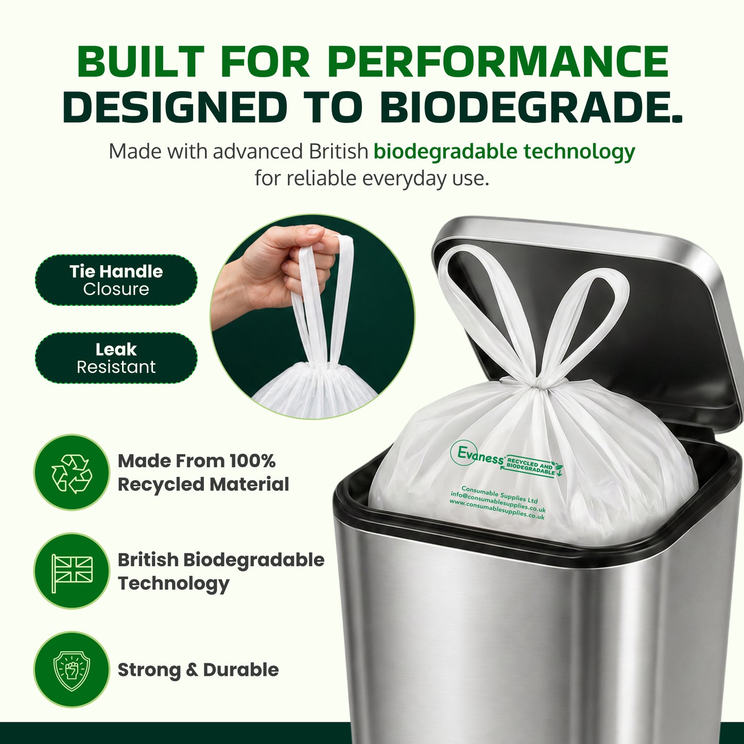 Evaness Biodegradable Tie Handle Pedal Bin Liners 20L/30L – 60 Bags