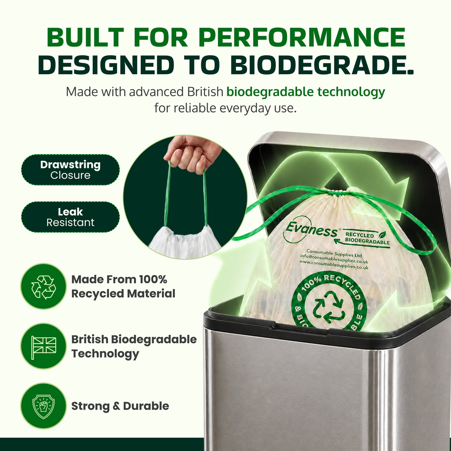 Evaness Biodegradable Drawstring Swing Bin Bags 50L/60L – 40 Pack