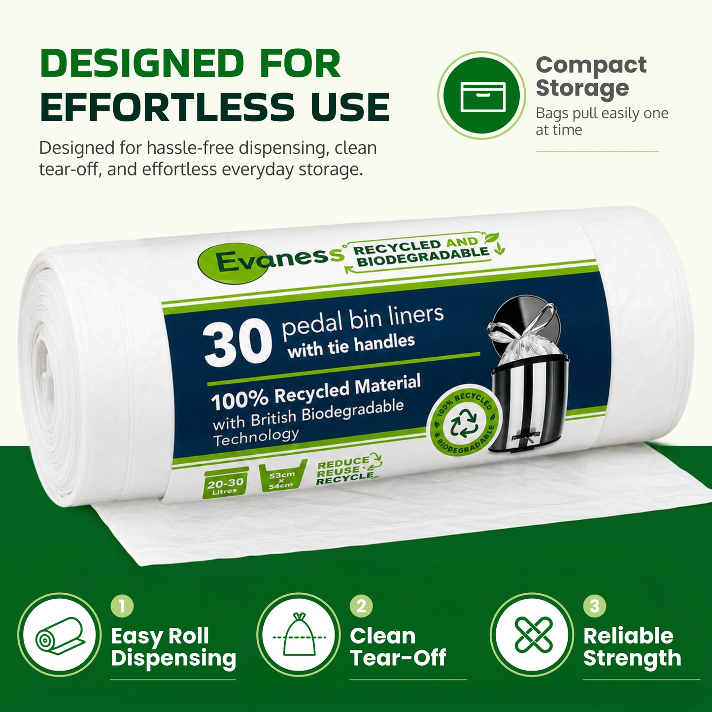 Evaness Biodegradable Tie Handle Pedal Bin Liners 20L/30L – 60 Bags