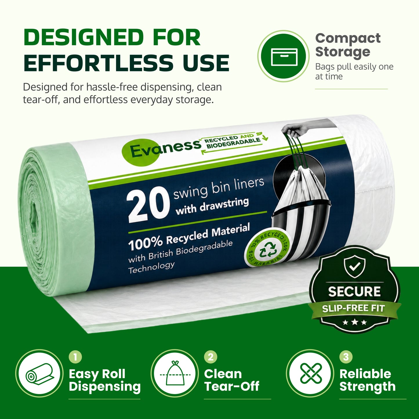 Evaness Biodegradable Drawstring Swing Bin Bags 50L/60L – 40 Pack