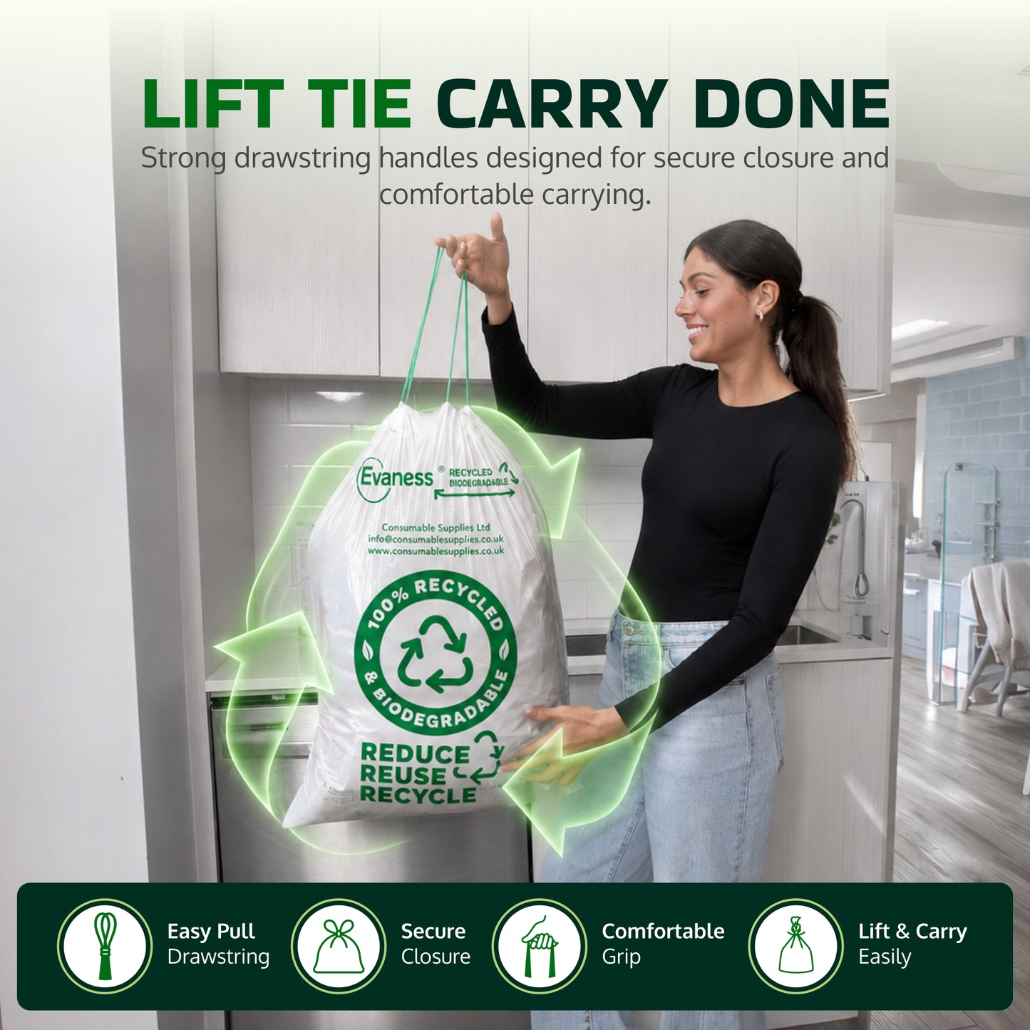 Evaness Biodegradable Drawstring Swing Bin Bags 50L/60L – 40 Pack