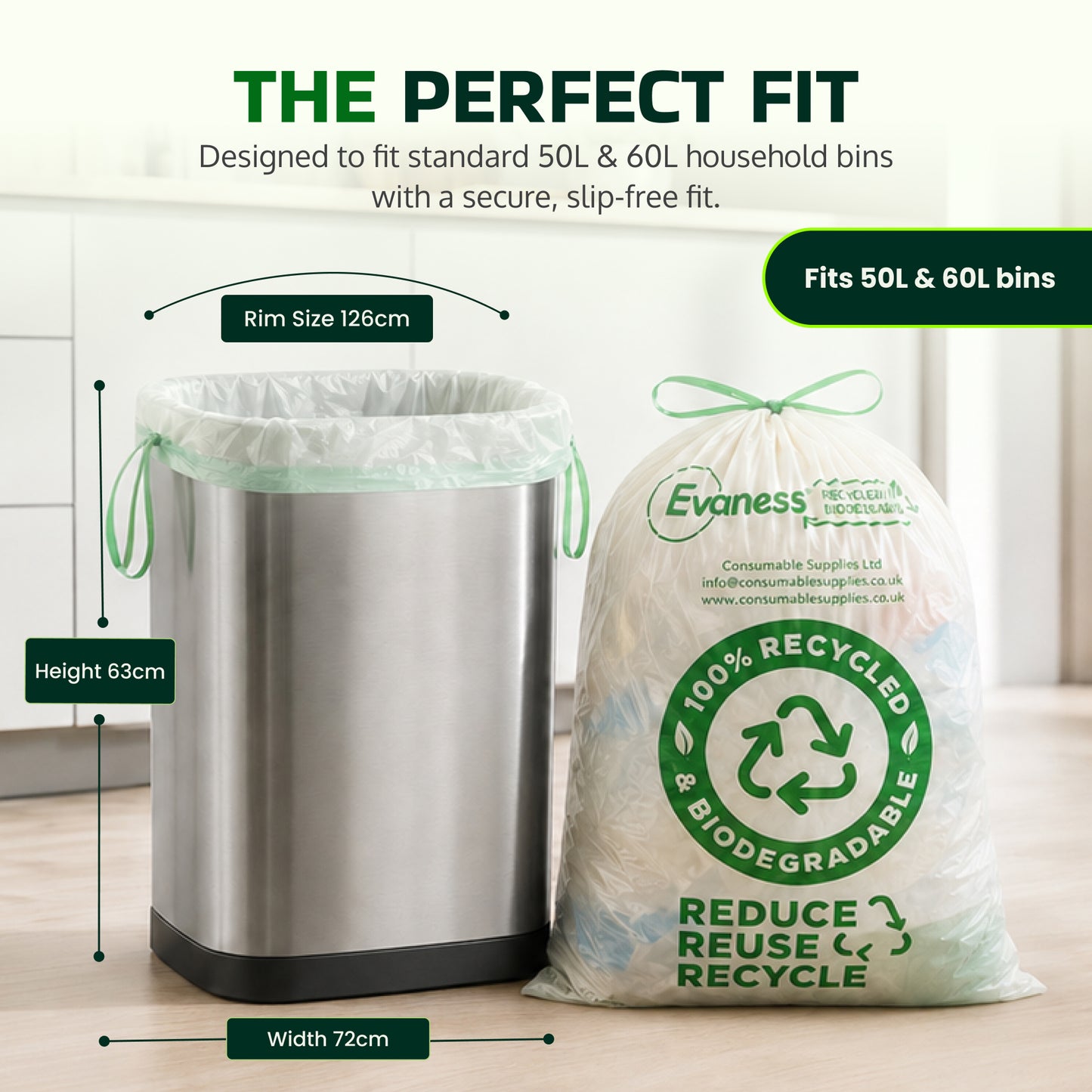 Evaness Biodegradable Drawstring Swing Bin Bags 50L/60L – 40 Pack