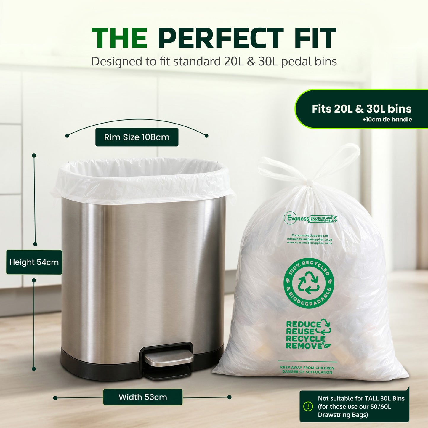 Evaness Biodegradable Tie Handle Pedal Bin Liners 20L/30L – 60 Bags