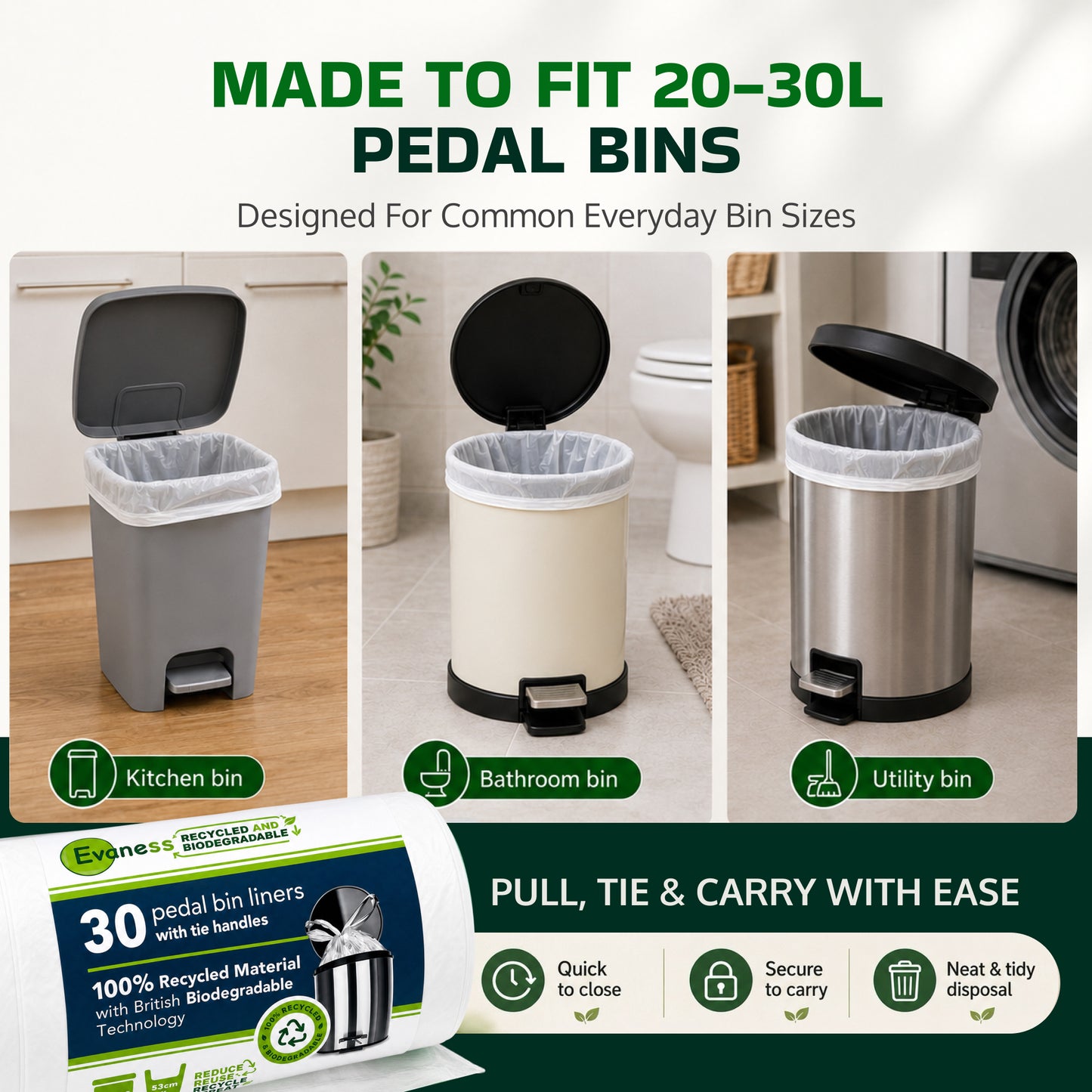 Evaness Biodegradable Tie Handle Pedal Bin Liners 20L/30L – 60 Bags