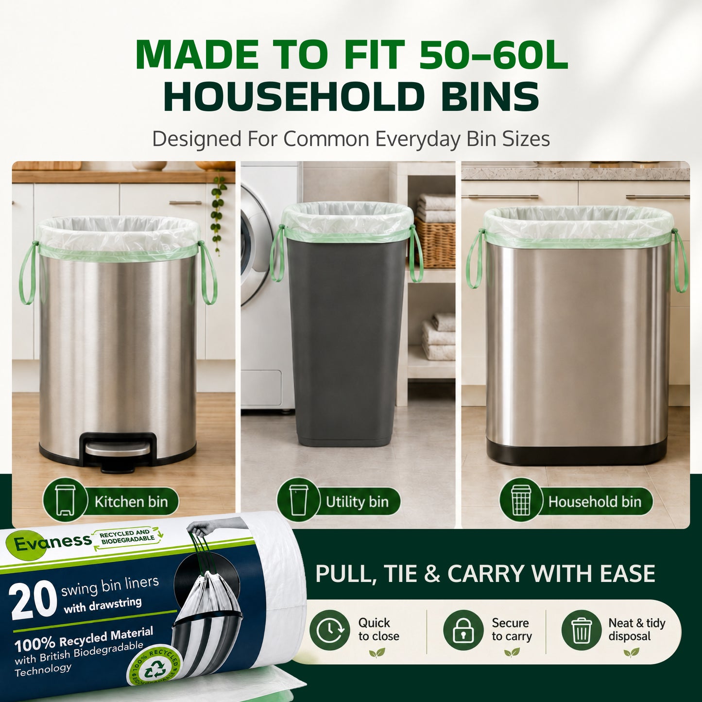 Evaness Biodegradable Drawstring Swing Bin Bags 50L/60L – 40 Pack