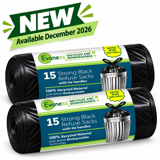 NEW – Arrives December 2026: Evaness Recycled STRONG Tie Handle Black Refuse Sacks 90L – 30 Bags