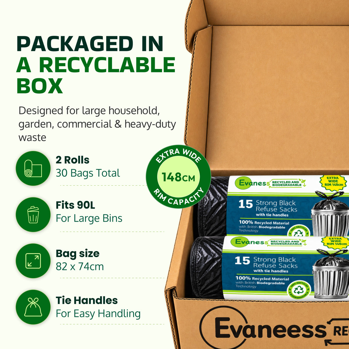NEW – Arrives December 2026: Evaness Recycled STRONG Tie Handle Black Refuse Sacks 90L – 30 Bags