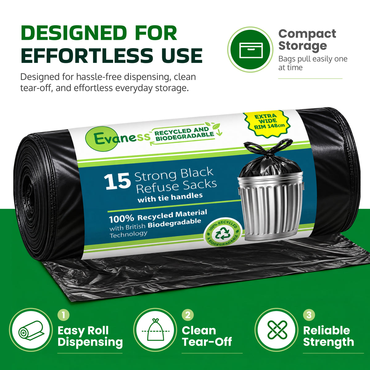 NEW – Arrives December 2026: Evaness Recycled STRONG Tie Handle Black Refuse Sacks 90L – 30 Bags
