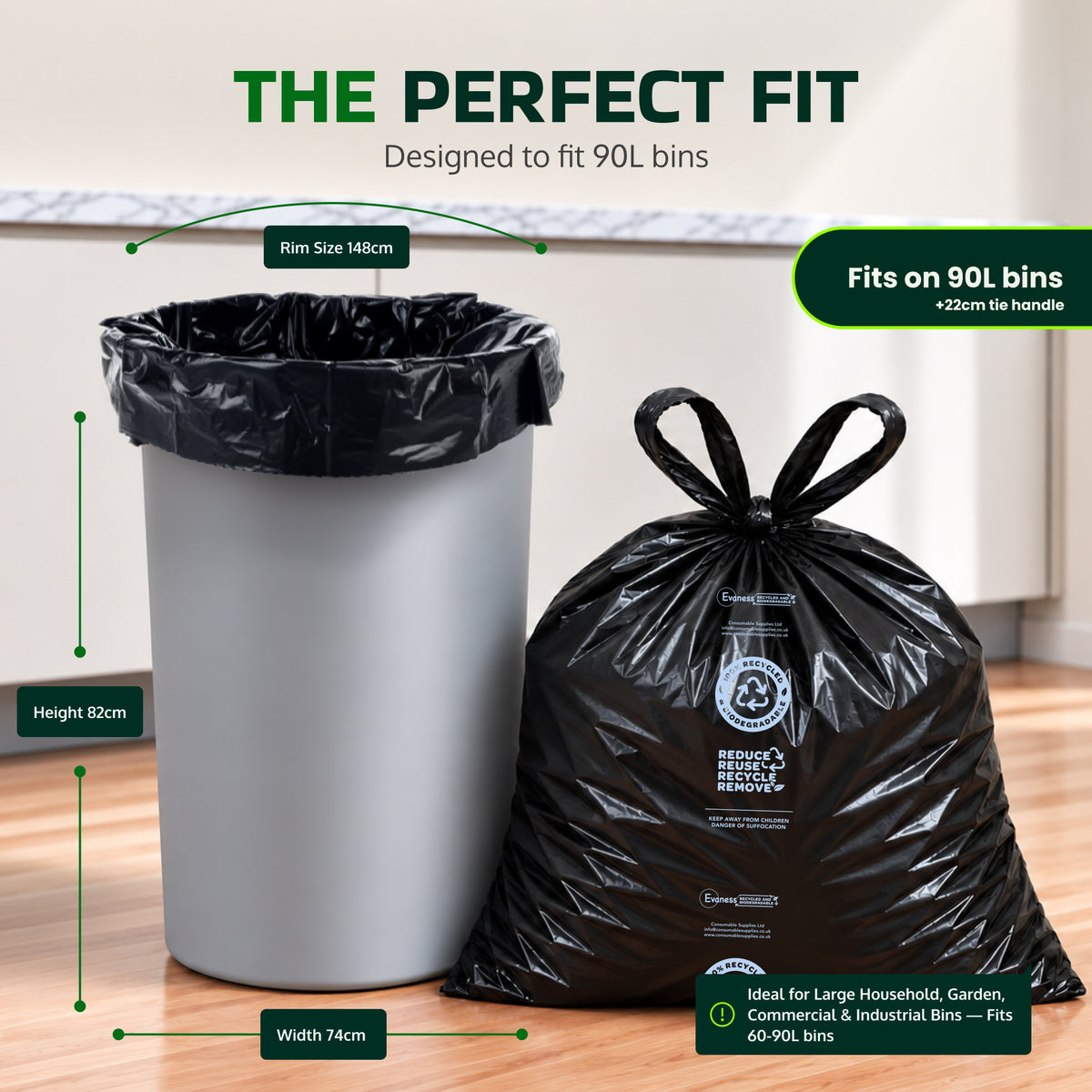 NEW – Arrives December 2026: Evaness Recycled STRONG Tie Handle Black Refuse Sacks 90L – 30 Bags