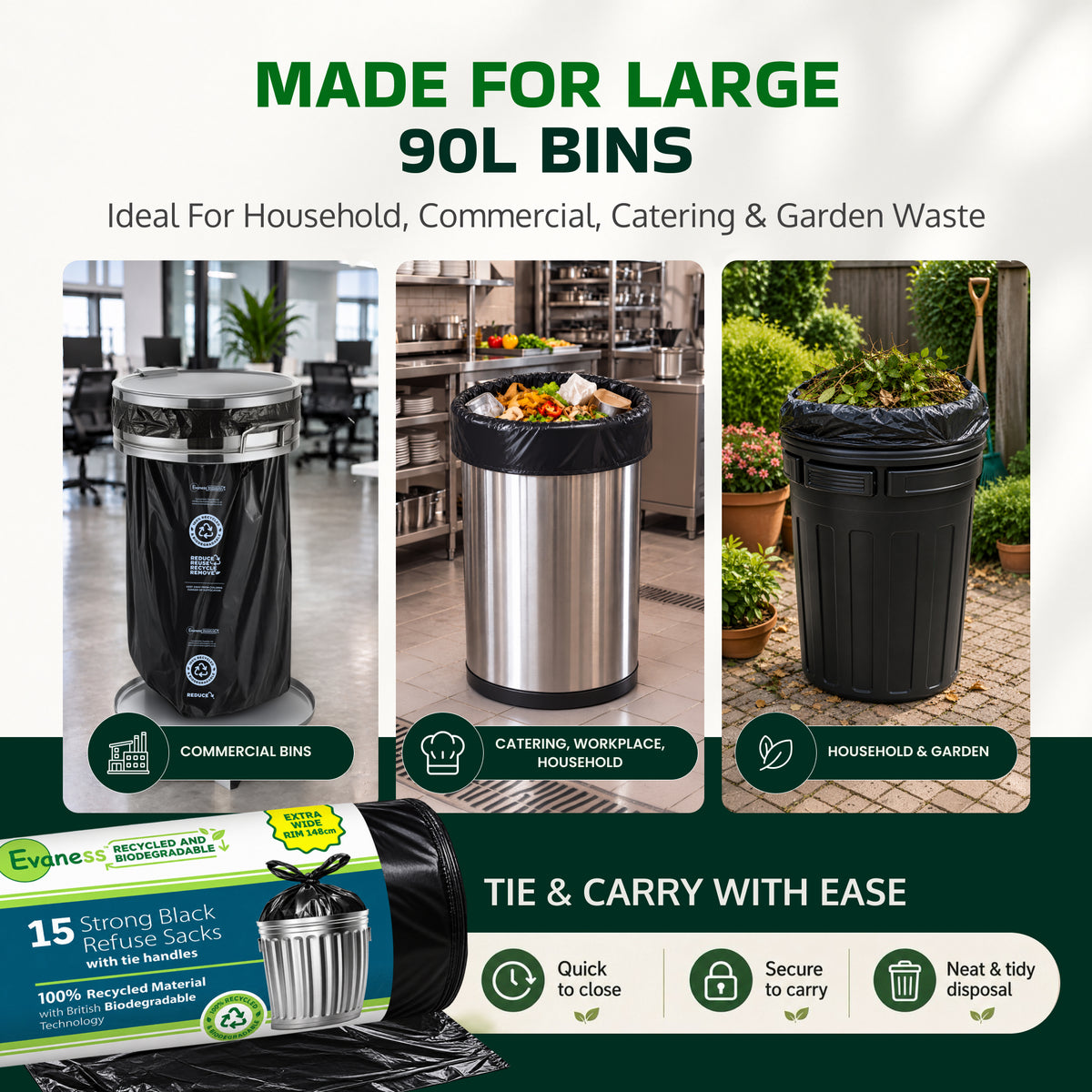 NEW – Arrives December 2026: Evaness Recycled STRONG Tie Handle Black Refuse Sacks 90L – 30 Bags