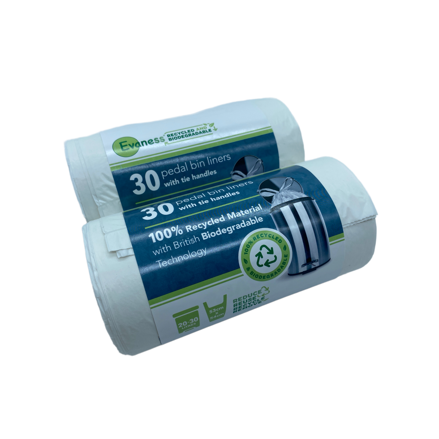 Evaness 100% Recycled Material & Biodegradable Bin Bags with Tie Handles 20-30L – 30 Bags Per Roll x 48 Rolls – WHOLESALE